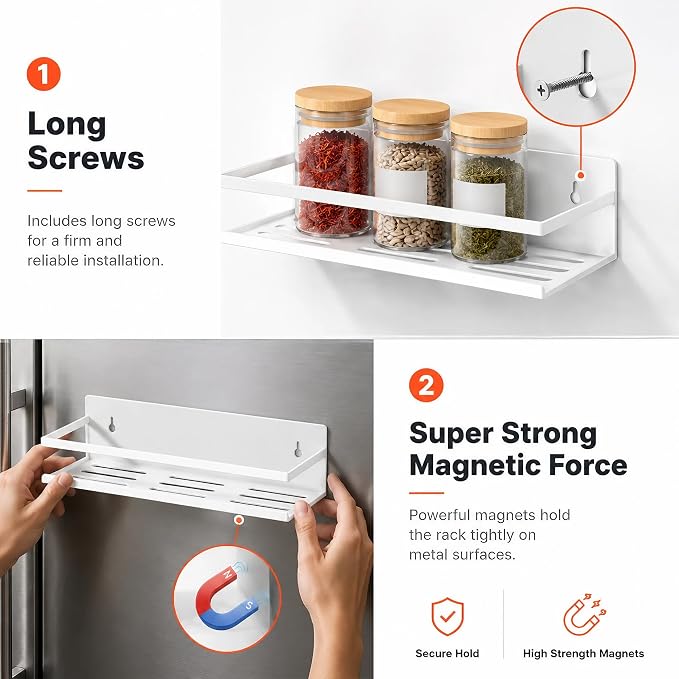 SMRCAD 4 Pack Metal Magnetic Spice Rack for Fridge – Heavy-Duty | Iron Construction, Rust-Resistant, Dust-Resistant, Fits Condiment Bottles, Includes Screws for Optional Wall Mount
