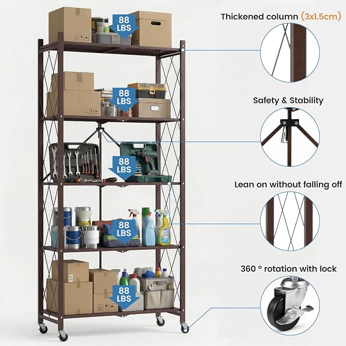 ALANNG 70.7" H Metal Storage Shelves, 5 Tier Folding Shelf on Wheels | Heavy Duty, No Assembly, Rolling, Collapsible Rack Unit for Kitchen, Basement, Pantry (Vintage Brown,3 Pack)