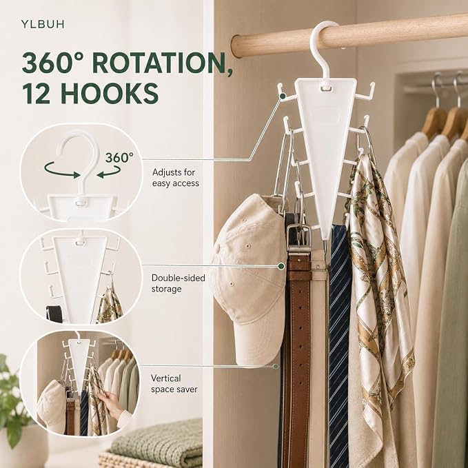 V Shaped Double-Sided Closet Organizer Hanger, 360° Rotating Multi-Layer Vertical Clothes Storage Rack with 12 Hooks, Space Saving Organizer for Hats, Scarves, Belts, Bags and Ties (10PC)