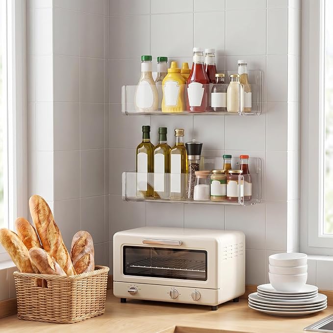 MAQUITA 4 Pack 9 Inch Acrylic Spice Rack Wall Mount, Clear Spice Shelf Storage Holder, Adhesive or Screw Hanging Wall Seasoning Rack Organizer for Cabinet Door, Cupboard, Kitchen