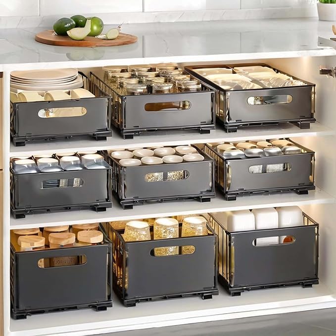 Slide-Out Storage Organizer 9.6"x14.8"x4" Matte Black Rustproof Carbon Steel Pull Out drawer Tray with Adhesive Taps and Screw Installation for Bathroom Cabinet,Under Sink, Dresser