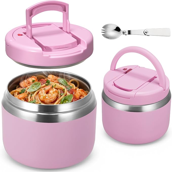 MAXSO 14oz Vacuum Insulated Food Jar with Spoon Buckle Lid, Kids Soup Thermo for Hot Food Wide Mouth Leakproof Stainless Steel Lunch Container - Pink