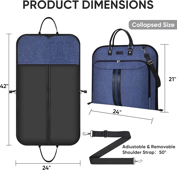 BALEINE Travel Garment Bag, Travel Suit Bag for Men, Water Resistant Carry on Garment Bag for Hanging Clothes, Garment Duffel Bag for Travel Business (Blue, 42")