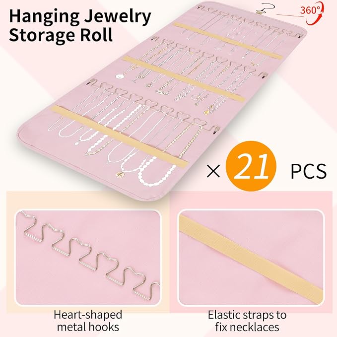 Bloss Hanging Jewelry Organizer with 48 Pockets, Double-Size Hanging Jewelrys Holder with Hanger Hooks, Jewelry Organizers and Storage for Earrings, Necklaces and Rings,Pink