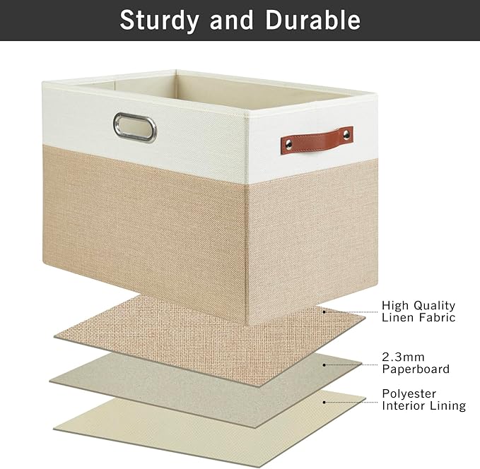 Bagnizer Large Collapsible Fabric Storage Bins with 3 Handles, Foldable Organizer Baskets for Closet, Shelves, Living Room | 3 Pack, Durable PU & Metal Handles (17"x11.8"x11.8", Beige & White)