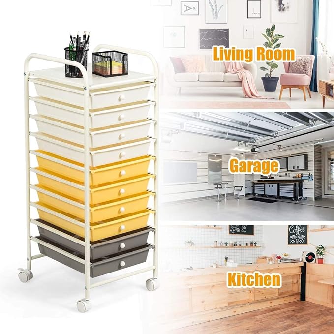 GOFLAME 10-Drawer Rolling Storage Drawer Cart, Utility Cart with Removable Drawers & Metal Frame, Mobile Art Craft Drawer Cart with Lockable Wheels for Home, Office, Studio, School, Yellow