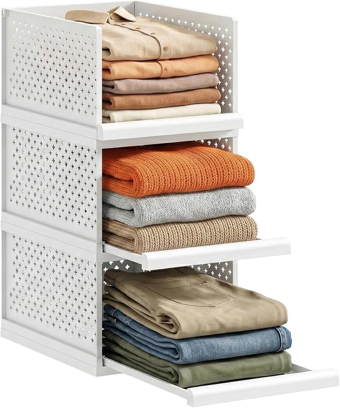 MIUOOPUR New Upgrade 3 Pack Closet Organizers and Storage Basket, Plastic Stackable Storage Drawers, Multifunctional Space-Saving Bins, Suitable for Wardrobe Cupboard Pantry Kitchen Bathroom Office