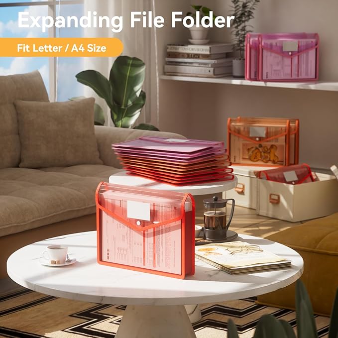 ABC life 6-Pack Plastic Expanding File Folders, Translucent Plastic Envelopes with Snap Closure, Large Capacity, Paper Storage Fits Letter/A4 Size - Warm Pink