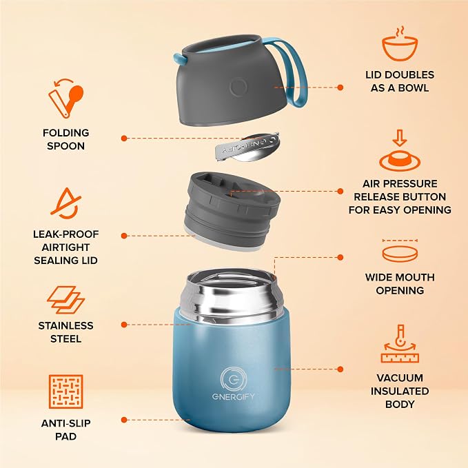 Vacuum Insulated Food Jar. Large 17oz Bowl incl. Folding Spoon, Cup. Wide Mouth Keep Hot & Cold Drinks Soup Lunch Container for Adults. BPA-Free Stainless Steel, Leak Proof Shiny Blue