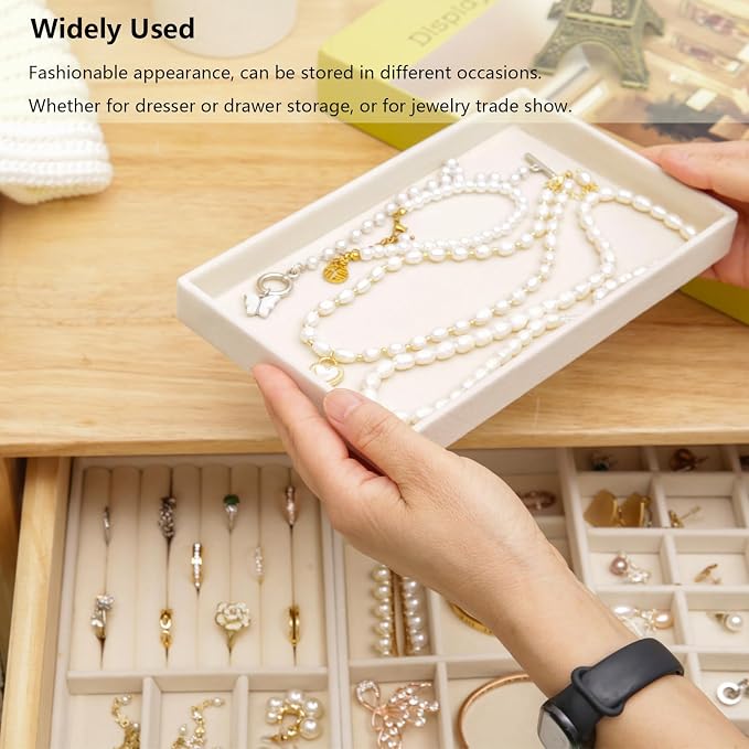 Velvet Jewelry Organizer for Drawer, Stackable Jewelry Drawer Inserts in Dresser, 8in Beige Storage Display Case for Rings Stud Necklaces Accessories, Set of 4