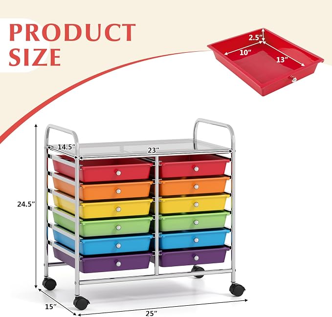LDAILY 12 Drawer Rolling Storage Cart, Craft Cart Organizer on Wheels w/Metal Frame, Large Capacity & Smooth Drawer, Rolling Cart w/Drawers for Classroom, Office