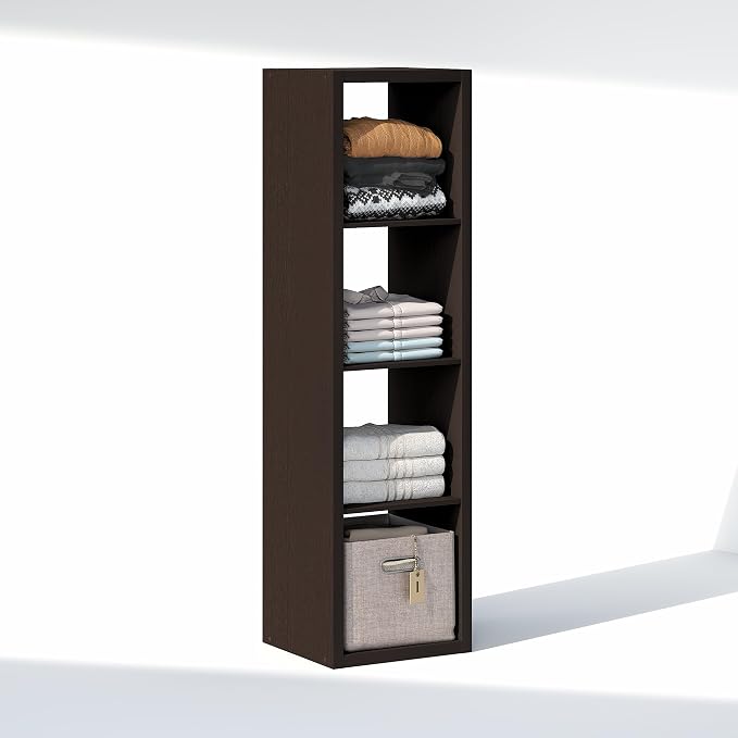 Furinno Cubic Extra Thick 4-Cube Closet Organizers and Storage, Dark Oak | 14.6 x 16 x 58 in, Vertical Open Shelf Closet Storage, Closet Organizer, for Wardrobe, Bedroom, Living Room