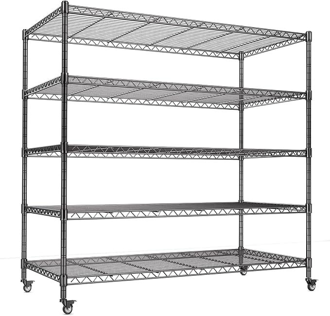 AIRAJ 36”W Wire Shelving with Wheels | 5 Tier Storage Shelves | Rolling Wire Rack Adjustable Layer Height | 1750 LBS Metal Shelving | Garage Shelving Units and Storage | | Indoor/Out | 36”W×14”D×73”H