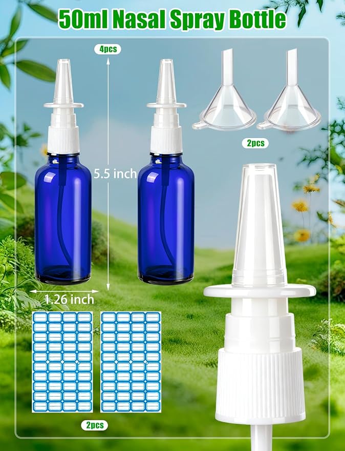 8 Pcs Nasal Spray Bottle, 50ML/1.76OZ 4Pcs Glass Empty Blue Nose Nasal Spray Bottles Refillable with 2 Funnels and 2 Labels