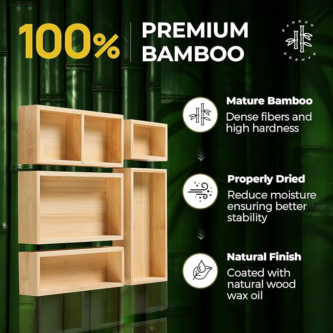 lilLittle Bamboo Drawer Organizer, 5 Pcs Multi Purpose Drawer Organizer Set | Wood Wax Oil Finish, Natural Bamboo, Sturdy, Space Saving, Versatile Storage, Easy to Clean