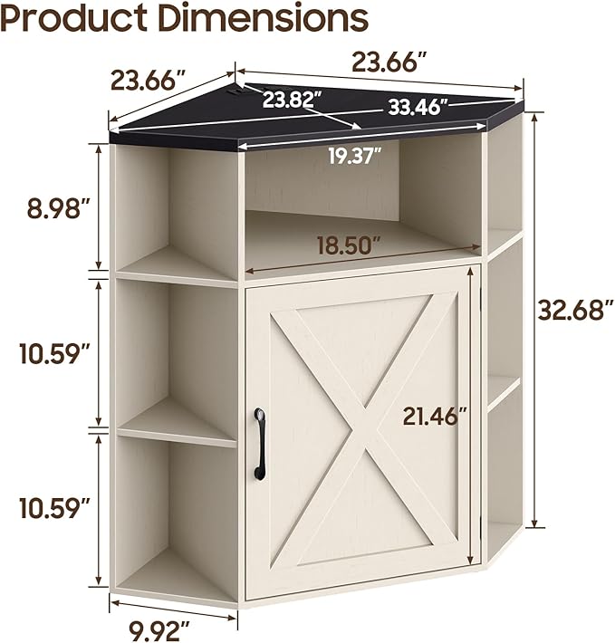 Halitaa Corner Storage Cabinet, Farmhouse Corner Bookshelf with Storage 6-Cubby Wooden Cabinet with USB Ports and Outlets Industrial Organizer for Small Space, Study, Playroom, Living Room