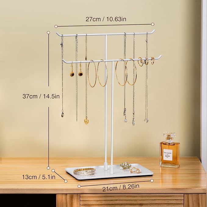 bussdis Necklace Holder Stand,Metal Jewelry Organizer for Home Decor,White | Modern Design,Easy Assembly,Non-Slip EVA Pads,Gift for Woman,Necklace Display for Bedroom,Vanity and Dresser