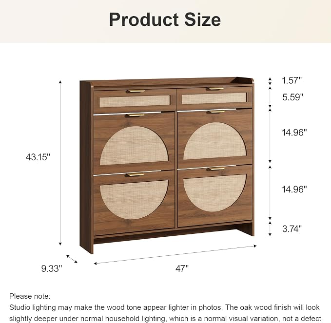 Rattan Shoe Storage Cabinet with 4 Flip Drawers & 2 Drawers, Freestanding Organizer for Front Door Entrance, Hidden Narrow Shoe Rack Cabinet Storage for Entryway, Walnut