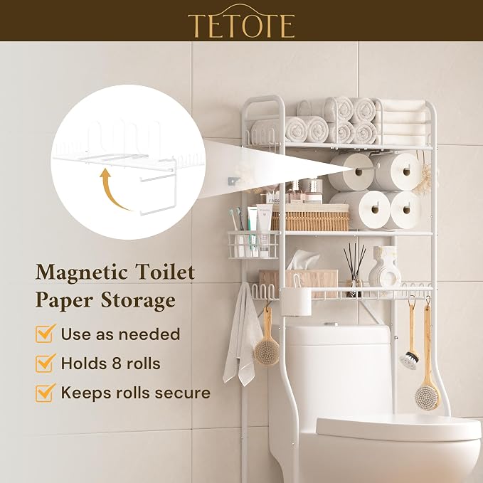 TETOTE Over The Toilet Storage Rack, 3-Tier Bathroom Organizer Shelf Over Toilet with Toilet Paper Roll Holder, Freestanding Metal Rack, White