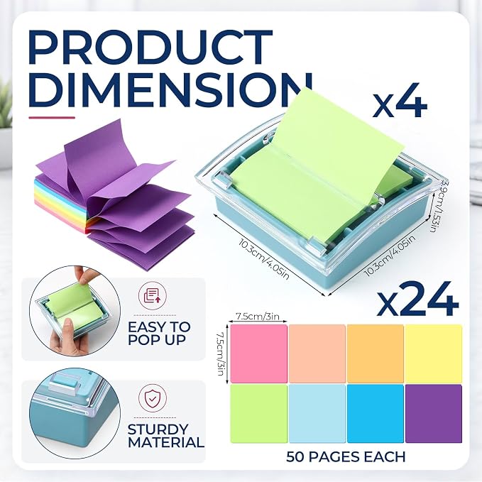 Eaasty 4 Pcs Pop Up Sticky Note Dispenser 3 x 3 Inch Pastel Cute Sticky Note Holder with 8 Pads Pop Up Stick Notes Transparent Top Colorful Base Notes Holder for Women Office Home Desk