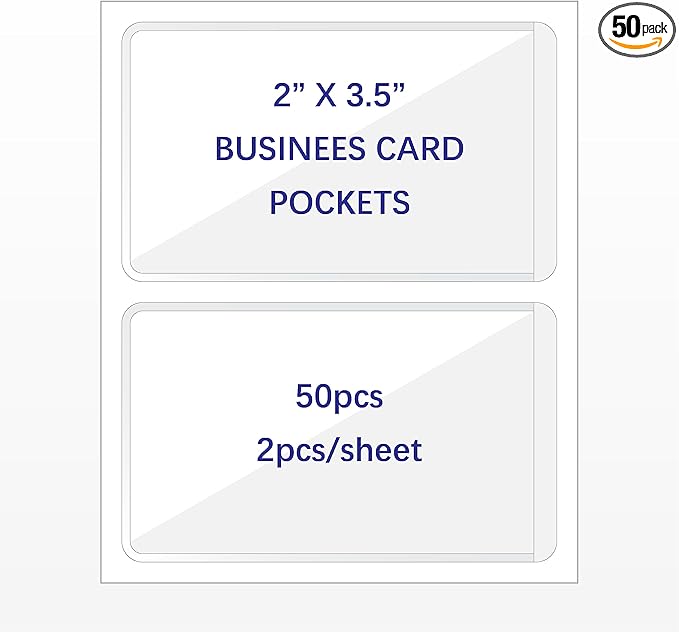 IMAGAME Clear Adhesive Business Card Pockets, 50 Pack | Side Open for Loading, Plastic Labels Holders, For Storage Bins and Library Card, Organizing and Protecting Business Cards