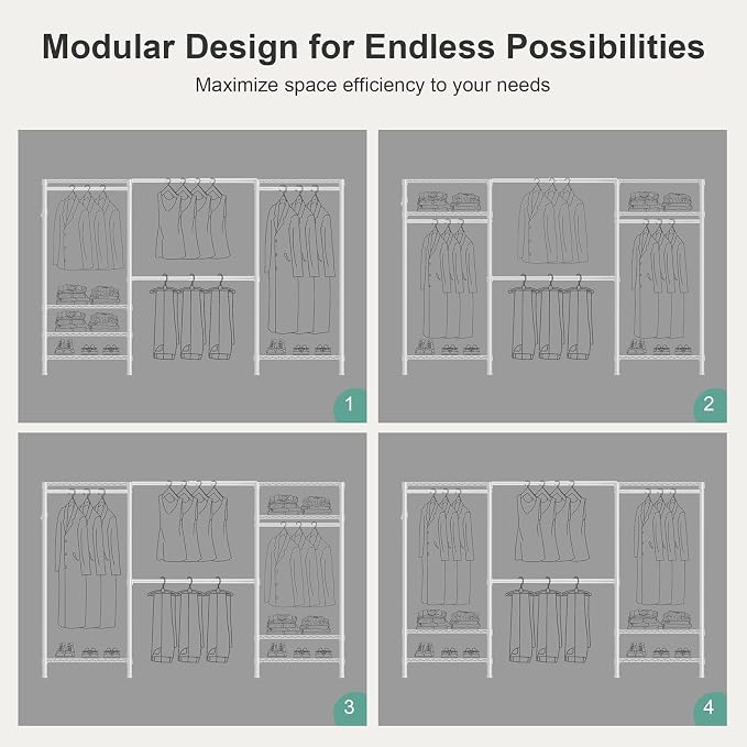 SEMHOR E06 Expandable Heavy Duty Clothes Rack for Reach-in Closet, Freestanding Clothing Racks with Shelves, Carbon Steel Closet Organizer System Adjustable from 70.8-93.9", Max Load 800LBS, White