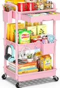 SUNALLY 3 Tier Rolling Cart with Drawer, Bathroom Storage Organizer with 2 Lockable Wheels, Multifunctional Rolling Storage Cart for Bathroom, Kitchen, Office, Craft, Makeup, Baby Essentials, Pink