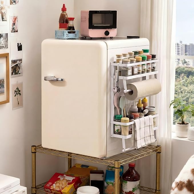 Vercraft Magnetic Dorm Fridge Organizer Heavy Duty Metal 66lbs over Dorm Fridge Shelf Essentials Side of Fridges Paper Towel Holder with Storage Shelf Hooks Magnetic Spice Rack for Room Kitchen(White)