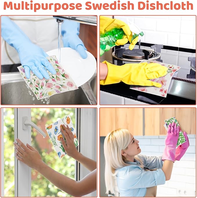 Needbrock 6 Pack Spring Floral Swedish Dishcloths for Kitchen, Swedish Rag Absorbent Dish Towel with Adhesive Clips, Reusable Paper Towels No Odor for Countertop Dishes Cleaning Kitchen