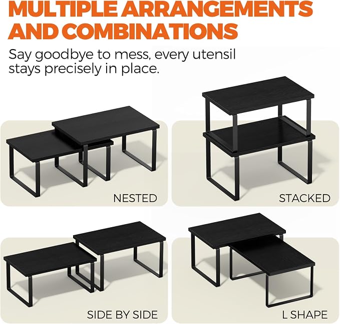 4 Pack Cabinet Organizer Shelves, Counter Shelf, Kitchen Storage, Spice Rack, Stackable, Expandable, Wood and Metal (Natural Black & Black)