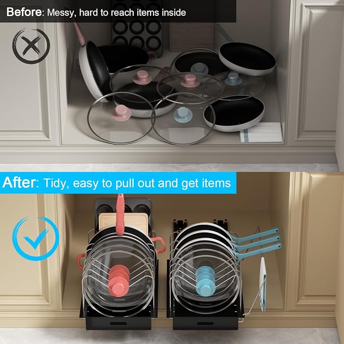 Golener Pots and Pans Organizer Under Cabinet, Pot Lid Holder, 2 Pack | No Drill Slide-Out Pan Organizer with Adjustable Dividers & Handle Bracket, Pan Storage Inside Cabinet for Kitchen