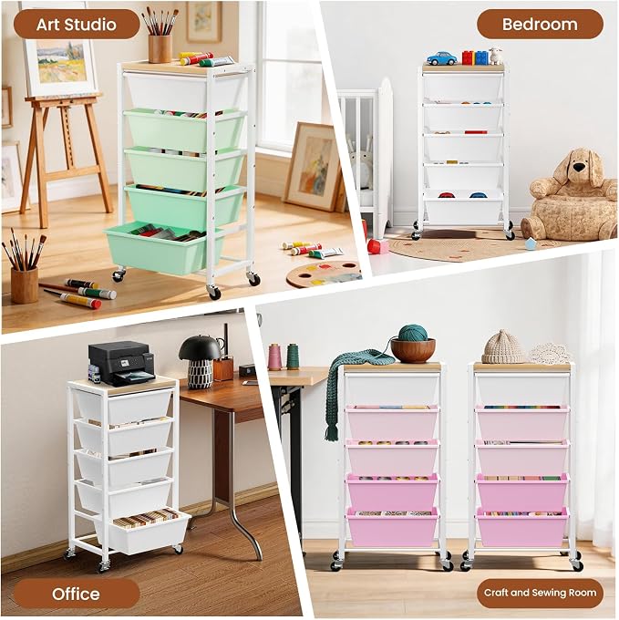 Rolling Cart with 5 Drawers, Plastic Drawer Storage Carts with Wheels & Wooden Tabletop, Metal Utility Cart for Office Bedroom Living Room Classroom, Craft Organization and Storage, White