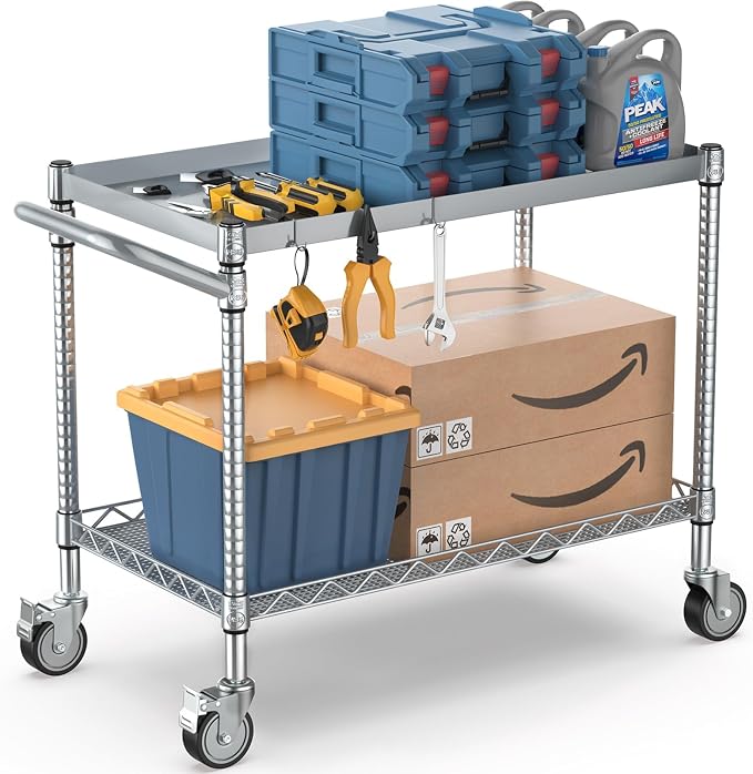 Utility Tool Cart with Wheel, 45In Large Rolling Utility Carts with Handle | 2 Tier Heavy Duty Commercial Grade Metal Serving Storage Carts for Warehouse Garage Kitchen, 25" D x 45" W x 40" H-Silver