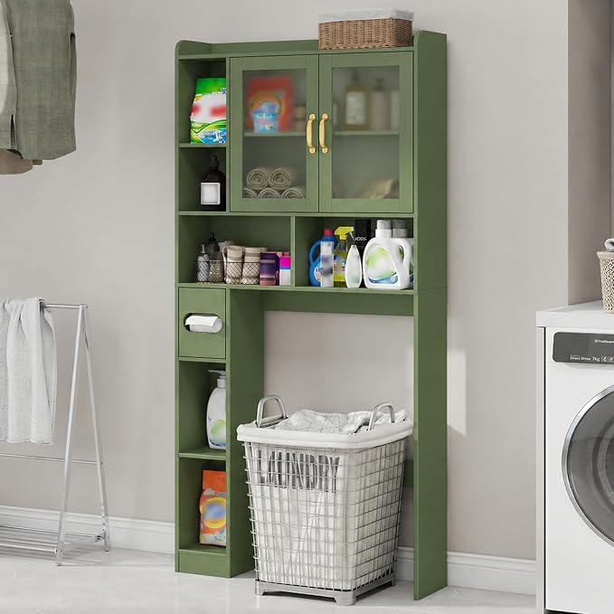 Vabches Over The Toilet Storage Cabinet, Farmhouse Storage Cabinet Over Toilet with Acrylic Doors，Home Space-Saving Toilet Rack, for Bathroom, Restroom, Laundry, Green