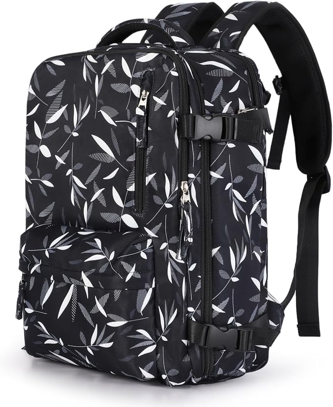 WONHOX Large Travel Backpack Women, Carry On Backpack,Hiking Backpack Waterproof Outdoor Sports Rucksack Casual Daypack Fit 14 Inch Laptop with USB Charging Port Shoes Compartment, Leaves Black