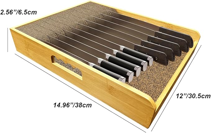 Knife Drawer Organizer Bamboo Insert Dock, 15"L x 12"W x 2.5"H Kitchen Steak Knives Holder Organizers Block for Drawer in Storage Organization (15 X 12 ”)