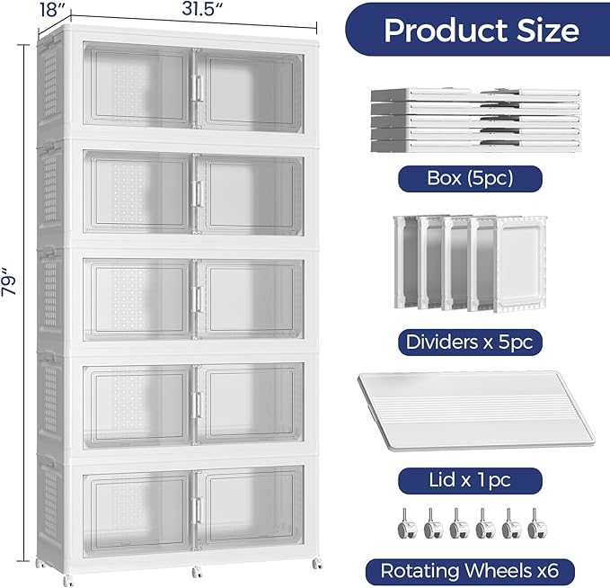250GAL Storage Bins with Lid and Wheels, Stackable Closet Organizers and Storage Drawer, Collapsible Storage Box with Dividers, Foldable Plastic Cabinets for Room, Kitchen, 5 Pack White
