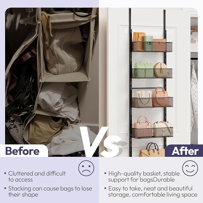 SWTYMIKI Over The Door Purse Organizer - Wall Mounted Purse Rack with 6 Adjustable Metal Basket, Hanging Bag Rack for Handbag Organizer, Bag Storage Can Use As 1/2 Part, for Door