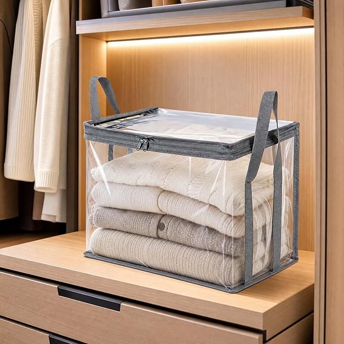 Large Clear Thick Plastic Storage Box with Hinged Lid, Heavy-Duty Durable High Capacity Organizer, Foldable Storage Box,Perfect for Home, Camping, Travel, Attic & Moving (Gray-L-2)