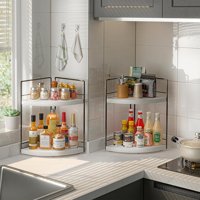 2-Tier Bathroom Corner Organizer Shelf, Wood & Metal Countertop Storage Rack, 2-Pack