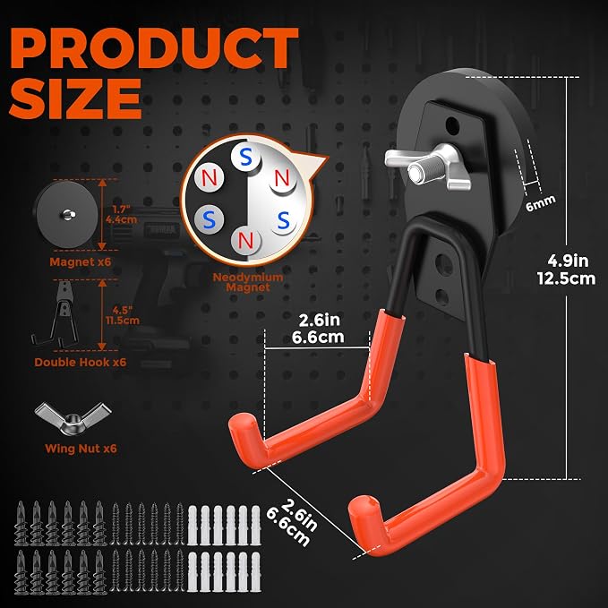 6 Pack Large Strong Magnetic Hooks Heavy Duty Garage Big Magnet Hooks Extra Strength Magnetic Utility Storage Hook Hanger with Anti Slip Coating for Garden Indoor Outdoor Hanging Tools Orange