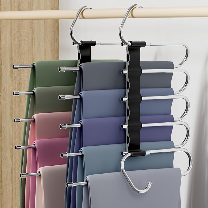 DAMITA Pants Hangers Space Saving - 2 Pack 5 in 1 Layers Stainless Steel Metal Jeans Hangers - Black Closet Organizers and Storage Anti-Slip Design for Pants Skirts Scarf Legging