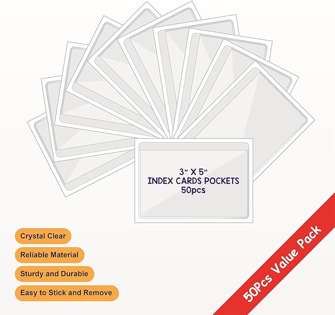 IMAGAME Clear Adhesive 3" x 5" Index Card Pockets, Labels Holders, 50 Pack | Top Open for Loading, Plastic Labels Holders, For Storage Bins and Library Card, Organizing and Protecting Cards, Photos