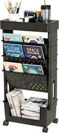 5-Tier Rolling Bookshelf Magazine Rack with Wheels Black | Mobile Bookcase, Book Storage File Folder Organizer Cart for Home Study Office Living Room Classroom