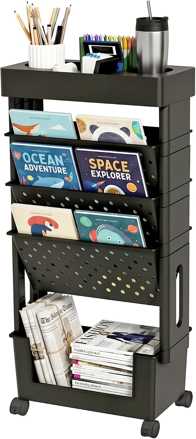5-Tier Rolling Bookshelf Magazine Rack with Wheels Black | Mobile Bookcase, Book Storage File Folder Organizer Cart for Home Study Office Living Room Classroom
