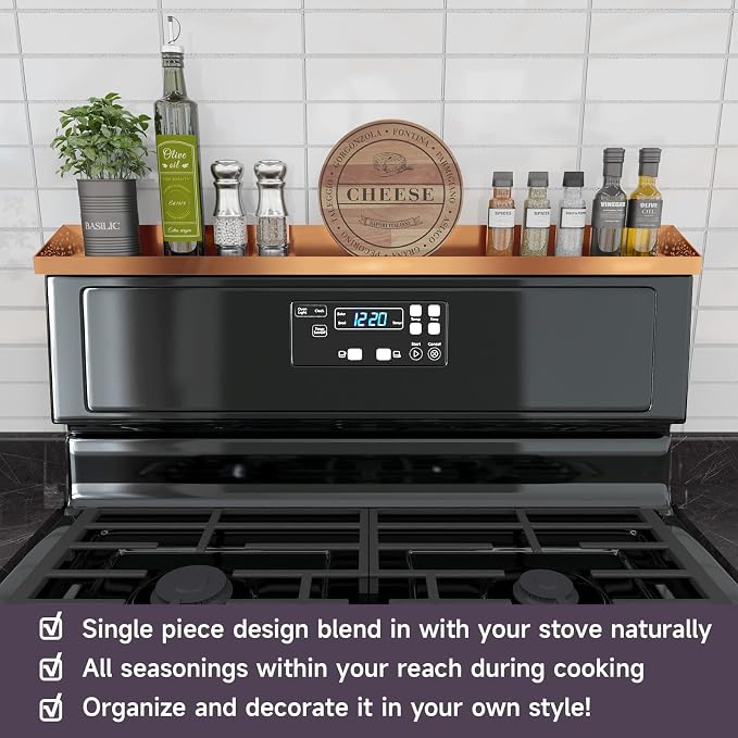 STUTOV 30" Magnetic Stove Top Shelf – Brushed Copper Spice Rack and Seasoning Organizer – Kitchen Shelf for Back of Stove – Over Stove Rack and Storage Organizer