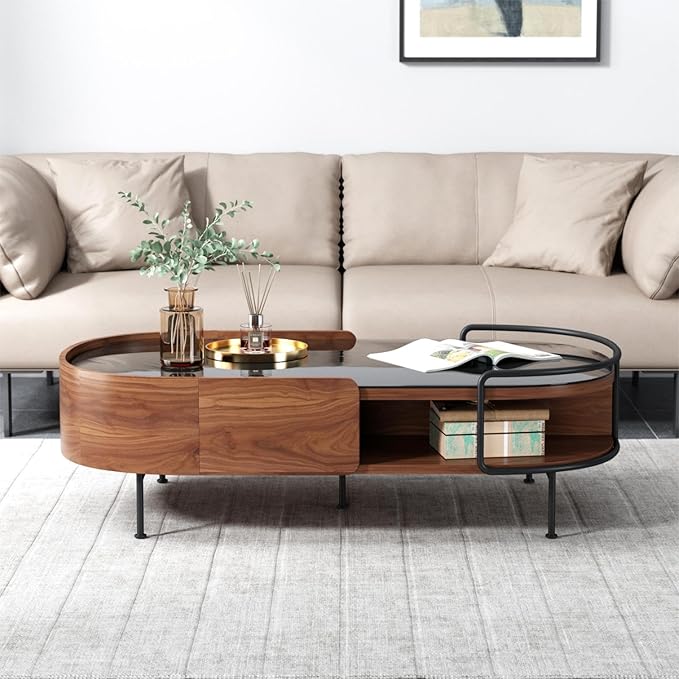 Lartis Oval Coffee Table in Walnut Black Glass Top Coffee Table - Living Room Table with Semi-Circular Storage,Multi Functional Marvel for Modern Living Room