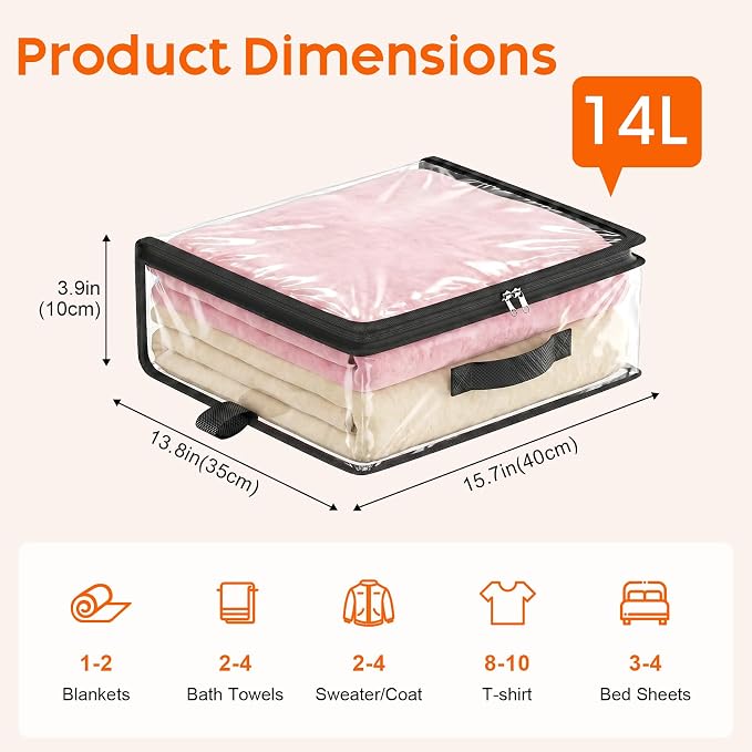 10 Pack Clear Storage Bags with Zipper Handle, Sheet Organizers and Storage | PVC Blanket Storage Bags, Foldable Under Bed Organizer for Baby Clothes Shoes Sweater Toy Bedding Sheet, 15.7x13.8x3.9’’