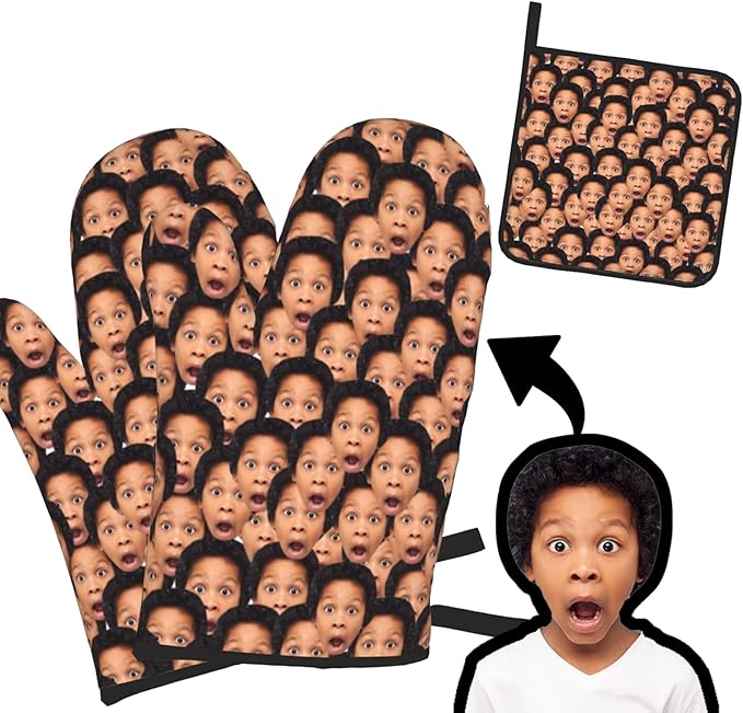 Custom Oven Mitts and Pot Holders Personalized with Your Face, Baking Gifts for Women for Kitchen Cooking, BBQ, Grillin-Style1, 2 Oven Mitts+ 1 Pot Holders