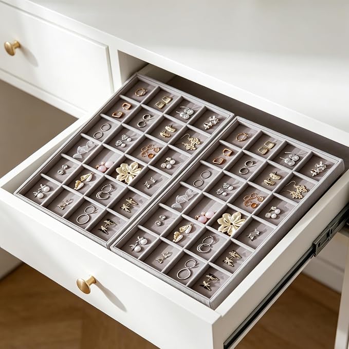 Large Stackable Jewelry Tray 4 Pack Velvet Jewelry Display Drawer Inserts Trays Organizer for Earring Bracelet Necklace Ring (Gray, 24 Grids)